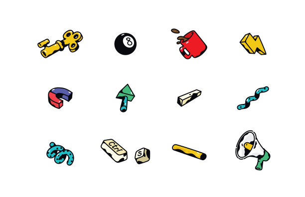 业务图标。与咖啡杯。装饰物品。金钥匙，闪电，磁铁，球。卡通标志、符号。图片下载