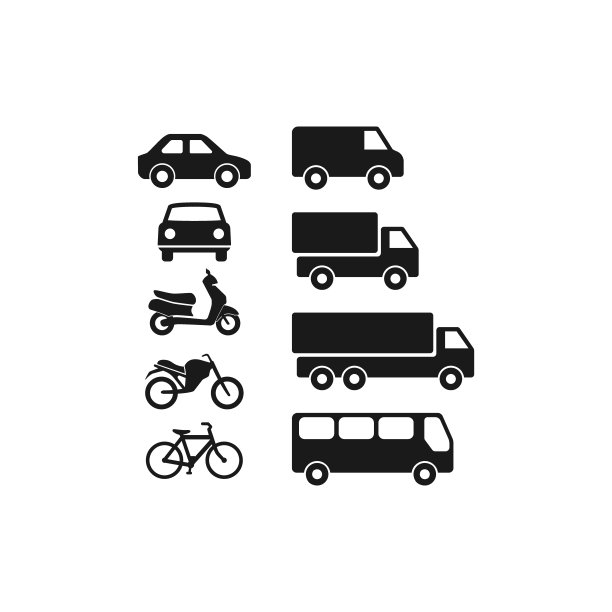 机动车辆：汽车、公共汽车、卡车扁平矢量象形图标集图片下载