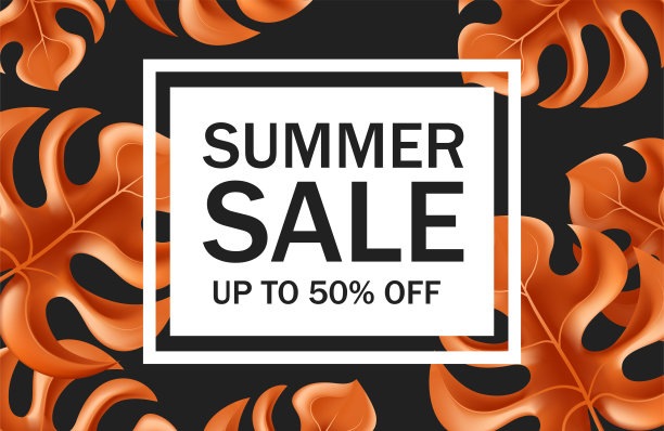 夏季销售横幅在白色框架和橙色异国情调的热带叶在黑色的背景图片下载