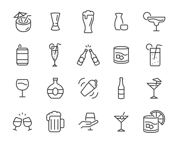 一套酒精图标，如葡萄酒，香槟，啤酒，威士忌，鸡尾酒图片下载