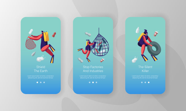 漂浮在海水中的废物。生态保护移动应用程序页面板上屏幕设置潜水员收集垃圾到篮子水下概念网站或网页，卡通平面矢量插图图片下载