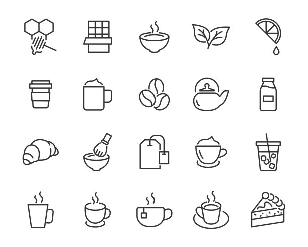 一套咖啡系列图标，如茶，抹茶，柠檬，可可，牛奶，奶油，壶，饮料图片下载