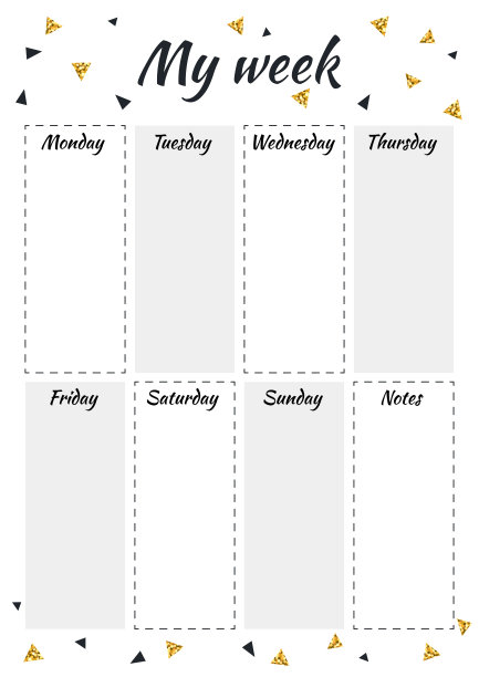 创意策划MY WEEK用北欧风格的黑色和金色闪闪发光的三角形。图片下载