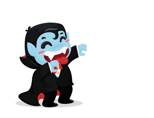 可爱的卡通男孩穿着德古拉的服装正在享受万圣节的派对。图片下载