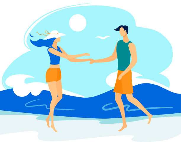 幸福的一对手牵着手在海边散步图片下载