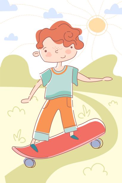 一个小男孩踩着滑板滑下一条小路图片下载