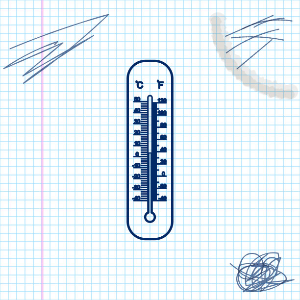 摄氏和华氏气象温度计测量热和冷线草图图标孤立在白色背景。显示冷热天气的温度计设备。矢量图图片下载