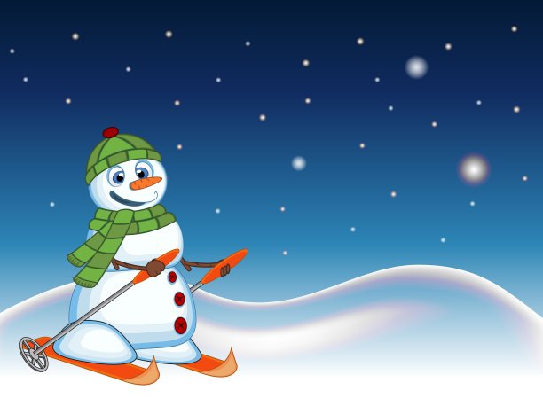 雪人戴着绿色的头罩和围巾滑雪与星星，天空和雪山背景为您的设计矢量插图图片下载