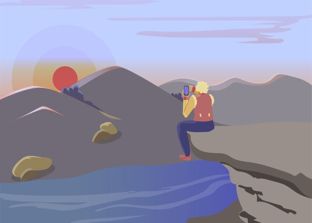 孤独的徒步者拍摄照片平面矢量插图图片下载