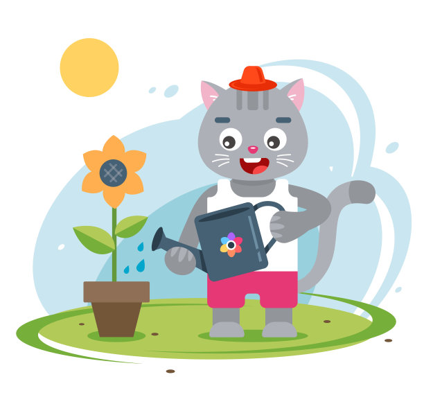 猫农夫照顾他的花园。可爱的性格。图片下载