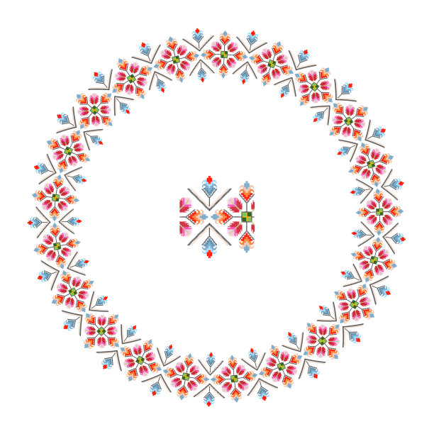 绣得好像手工十字绣的乌克兰民族图案。圆形装饰，民族风格，红色和黑色图片下载