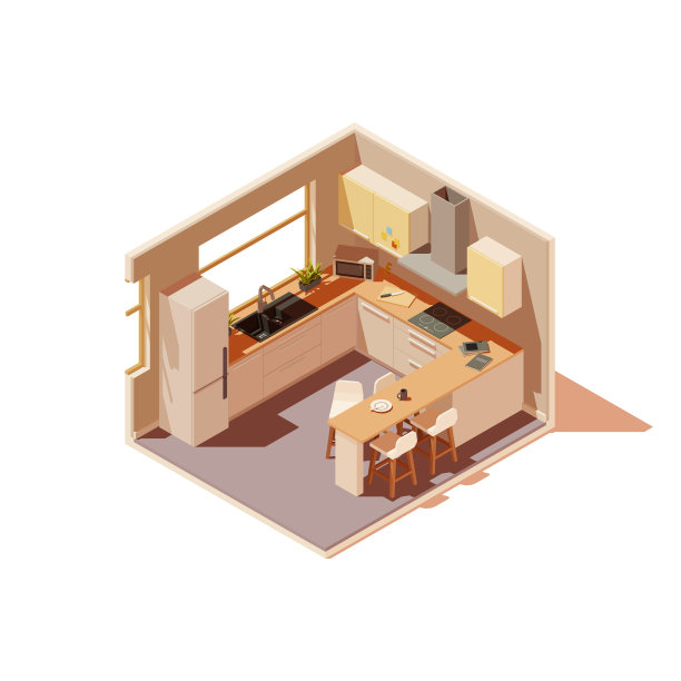 矢量等距厨房内部横截面与岛图片下载
