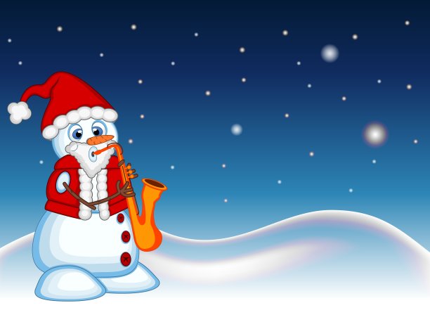 雪人穿着圣诞老人服装演奏萨克斯风与星星，天空和雪山背景为您的设计矢量插图图片下载