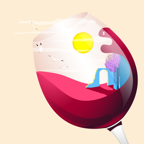 爱琴海别墅花园夏日红酒插画。图片下载