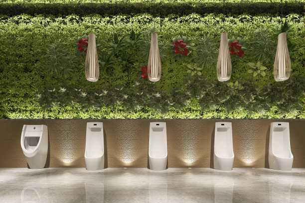 3d渲染木材和现代瓷砖公共厕所与绿色墙壁图片下载