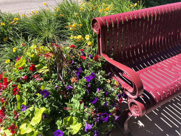 红色的长椅上有五颜六色的花朵图片下载