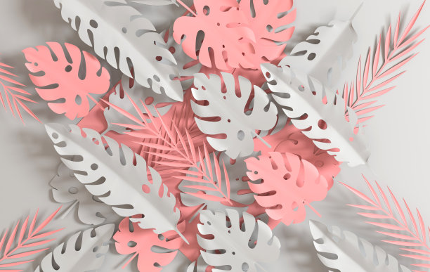 热带棕榈叶。夏季热带色彩柔和的叶子。折纸异国情调的夏威夷丛林树叶，夏季背景。剪纸。最小的风格。三维渲染图片下载
