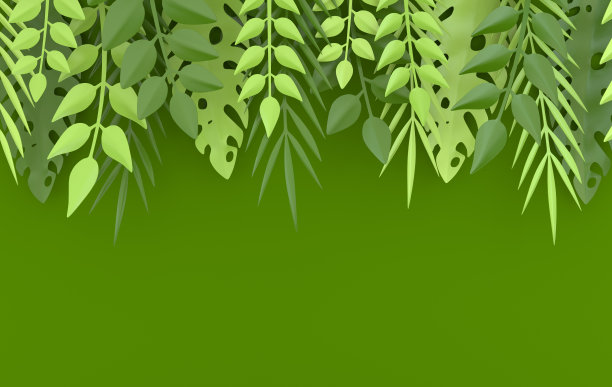 热带纸棕榈，巨叶框架。夏季热带叶。折纸异国情调的夏威夷丛林，夏日背景。剪纸的风格。三维渲染图片下载