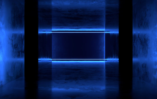 霓虹闪烁的未来科幻混凝土房间。虚拟现实门户，鲜艳的色彩，激光能量源。蓝色霓虹灯图片下载