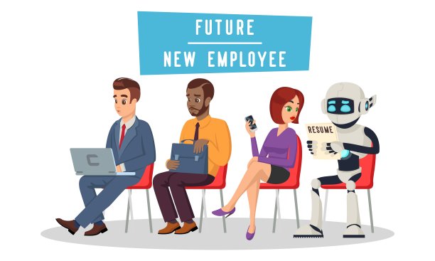 多种族的人和机器人排队等待面试图片下载