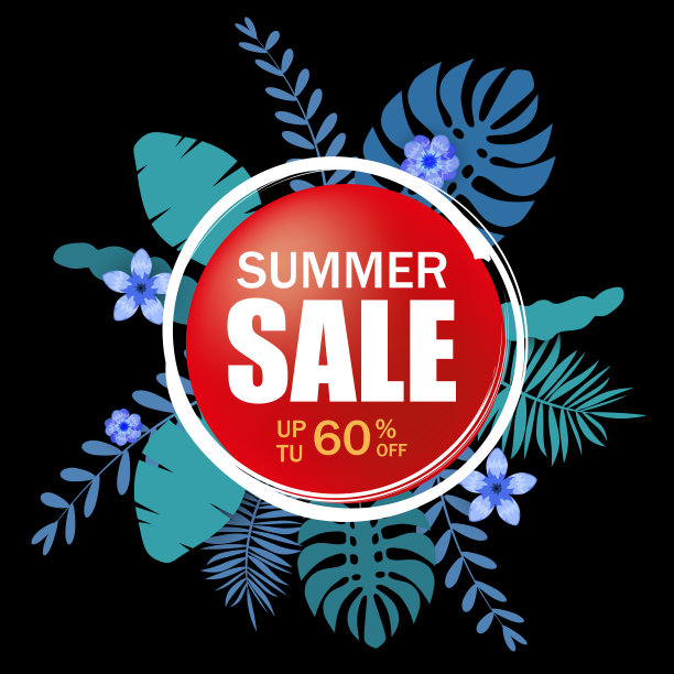 夏季促销模板横幅，海报与棕榈叶，丛林叶。热带花卉夏季背景。矢量图模板图片下载