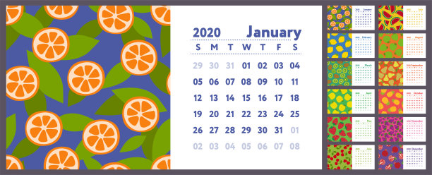 2020年日历。矢量英语卧式墙压延机。柠檬，猕猴桃，梨，石榴，橙子，菠萝，樱桃，草莓，西瓜，葡萄，苹果，石榴和桔子。水果、浆果草图图片下载