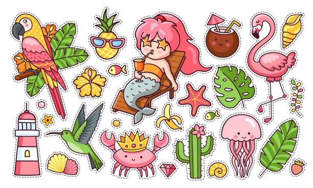 一套可爱有趣的夏季贴纸:美人鱼与鸡尾酒，火烈鸟，鹦鹉，蜂鸟，螃蟹在皇冠，热带树叶。图片下载