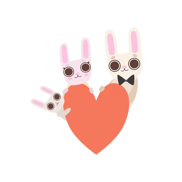 快乐的小兔家庭与红心，爸爸，妈妈和兔子宝宝，可爱的卡通兔子字符矢量插图图片下载