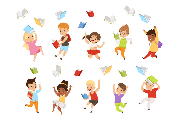 平面矢量组的卡通儿童角色跳和扔书在空中。快乐的小学生们图片下载