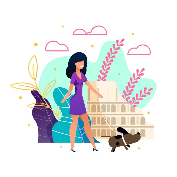 美丽的女人在旅行中遛狗图片下载