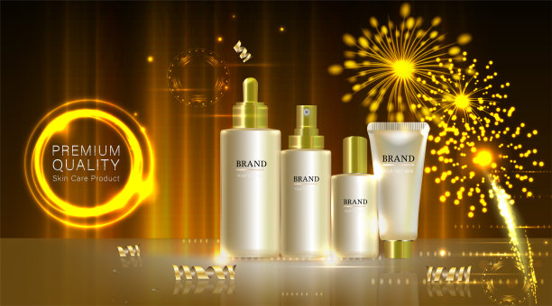 美容产品广告设计，金色化妆品容器与金色烟花假日概念广告背景准备使用，奢侈护肤横幅，插图向量。图片下载