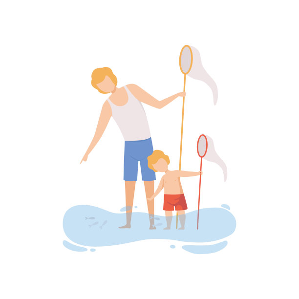 爸爸和他的儿子用渔网捕鱼，快乐的爸爸和儿子享受暑假在海滨矢量插图图片下载