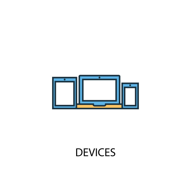 设备概念2彩色线条图标。简单的黄色和蓝色元素插图。设备概念轮廓符号设计图片下载