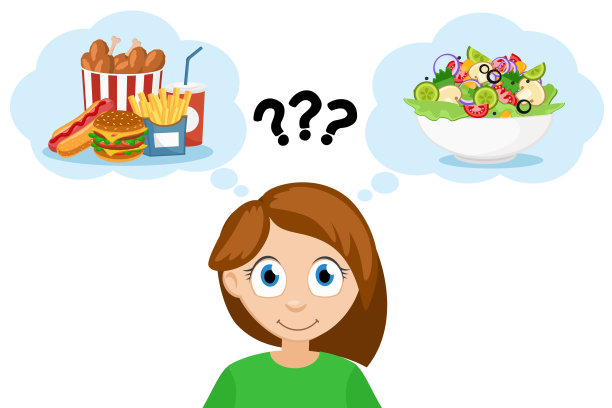 年轻女性认为吃快餐或蔬菜沙拉。健康的饮食习惯。图片下载