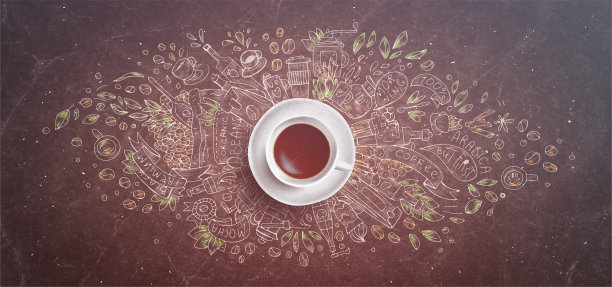 咖啡粉笔说明概念在黑板背景-白色的咖啡杯，顶视图与粉笔涂鸦插图关于咖啡，豆类，早上，咖啡馆的浓缩咖啡，早餐。早晨喝咖啡插图。手绘粉笔概念，咖啡主题图片下载