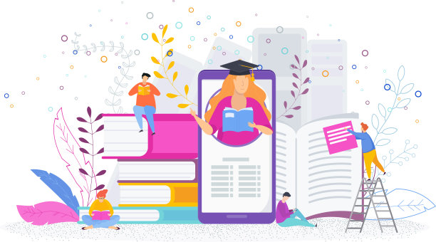 电子和经典概念图书馆。小人读书。图片下载