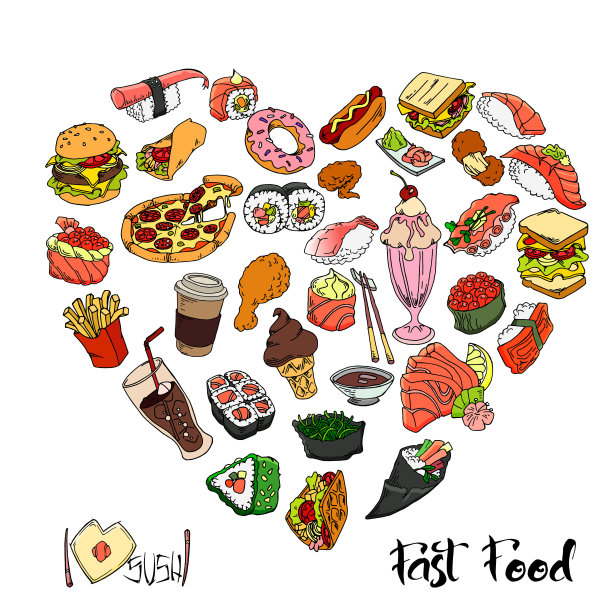 制定饮食大纲。手绘快餐和寿司。矢量插图。图片下载