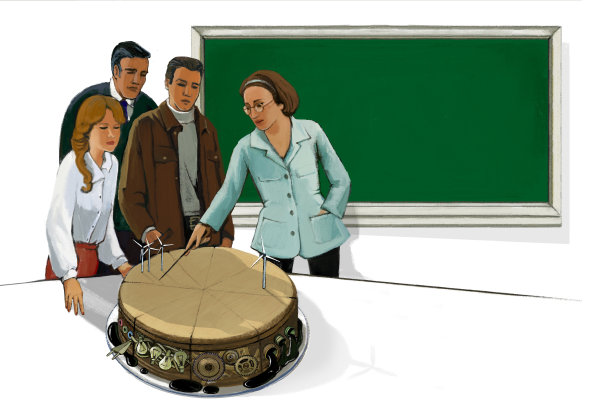 一群人探索投资的可能性的例子切蛋糕与各种投资馅。业务的比喻。图片下载