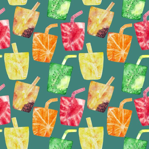 水彩无缝模式与热带鸡尾酒，水果，浆果。海滩背景假日贺卡，菜单，礼物包装纸。手绘果汁饮料插图。图片下载