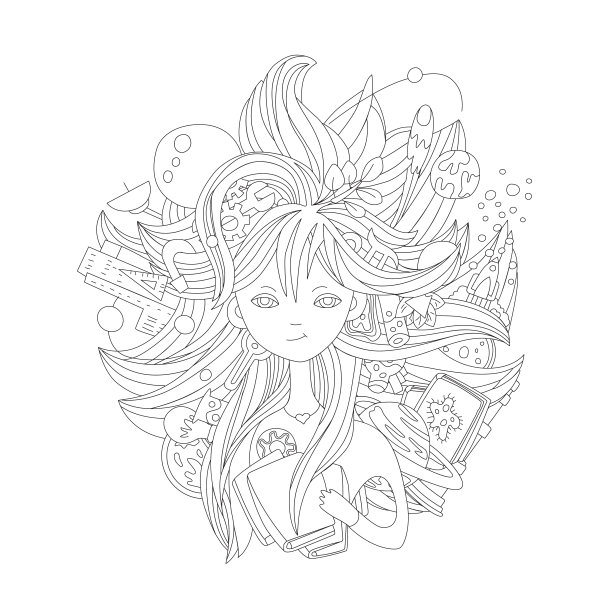 可爱的手绘插画关于科学女孩。科学元素，化学，物理，数学，天文学围绕着小女孩。矢量卡通大纲插图。女孩带着书本和科学图标，圆作文图片下载