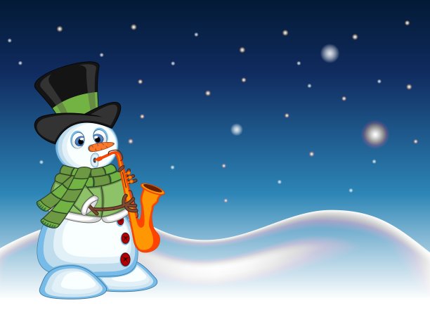 雪人戴着帽子，绿色毛衣和绿色围巾吹萨克斯风与星星，天空和雪山背景为您的设计矢量插图图片下载