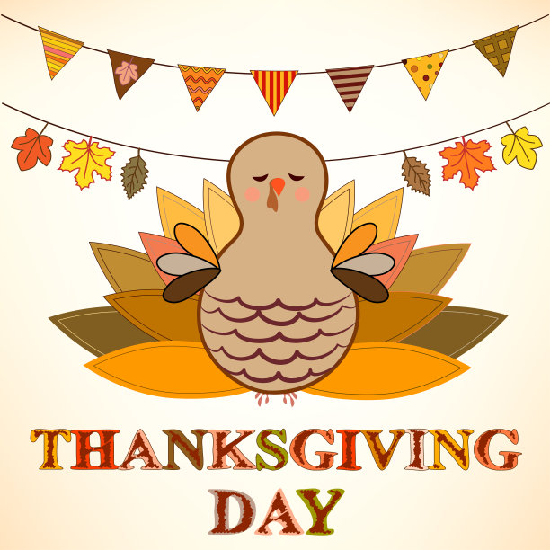 感恩节贺卡，插图的火鸡鸟与花环在白色的背景，矢量卡通画的火鸡clipart和秋天的叶子图片下载