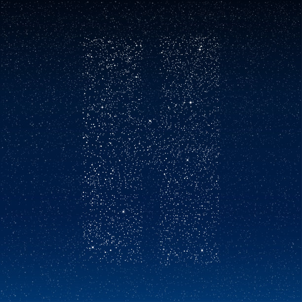 字母H带着闪亮的星星，闪闪发光，点点，点在深蓝色的夜空上。图片下载