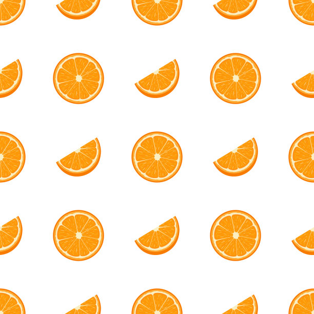 无缝图案与新鲜的一半和切橙色水果在白色的背景。橘子。有机水果。卡通风格。矢量插图设计，网页，包装纸，织物，墙纸。图片下载