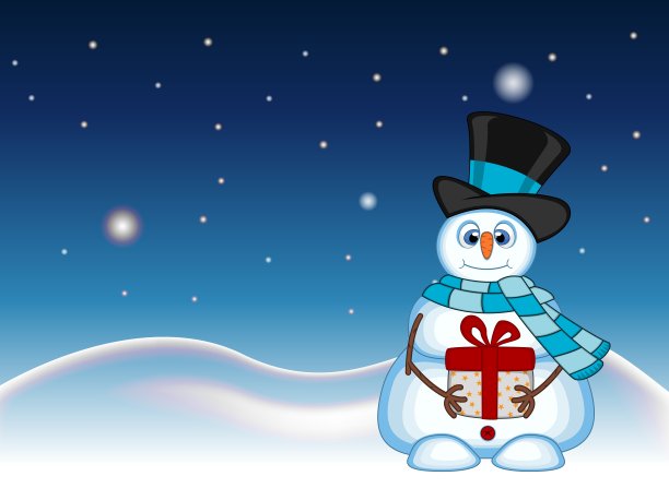 雪人带着一个礼物戴着帽子和蓝色的围巾与星星，天空和雪山背景为您的设计矢量插图图片下载