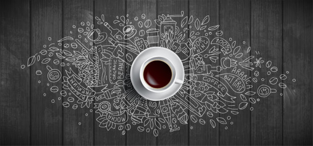 木制背景上的咖啡概念-白色的咖啡杯，顶视图与涂鸦插画关于咖啡，豆类，早上，咖啡馆的浓缩咖啡，早餐。早上咖啡矢量插图。手绘和咖啡插图图片下载