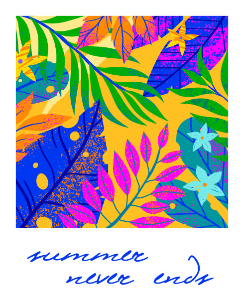 夏季矢量插图与明亮的热带树叶，花和元素图片下载