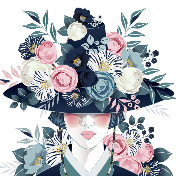 矢量插图的一个美丽的女孩戴着“Gat”，韩国传统帽子装饰花。设计横幅，海报，卡片，邀请和剪贴簿图片下载