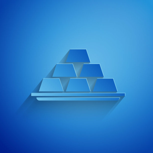 剪纸金条图标孤立在蓝色背景。银行业务的概念。纸艺术风格。矢量图图片下载