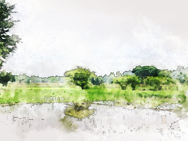 在水彩插画的背景上抽象彩色形状的树景观和房屋建筑。图片下载